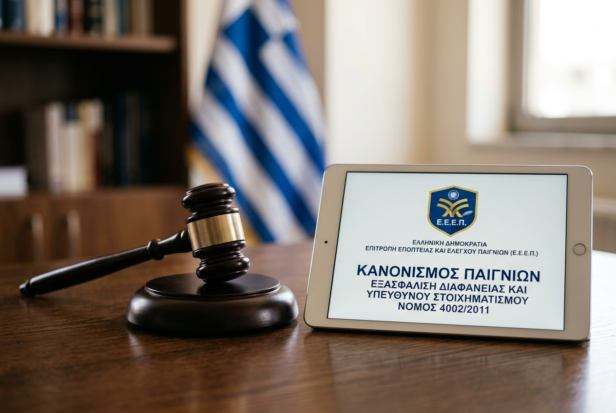 Official documents and a gavel representing the legal framework for gaming in Greece