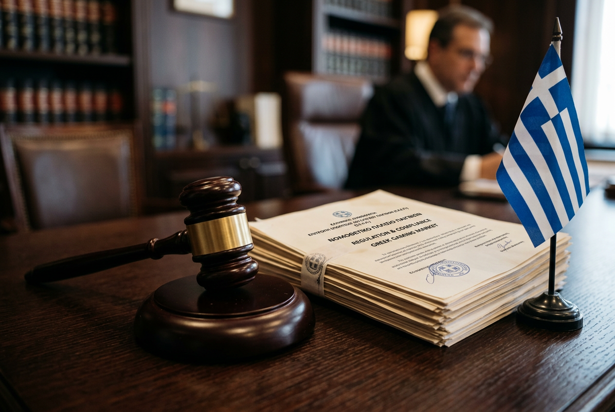 A gavel and Greek documents symbolizing legal compliance