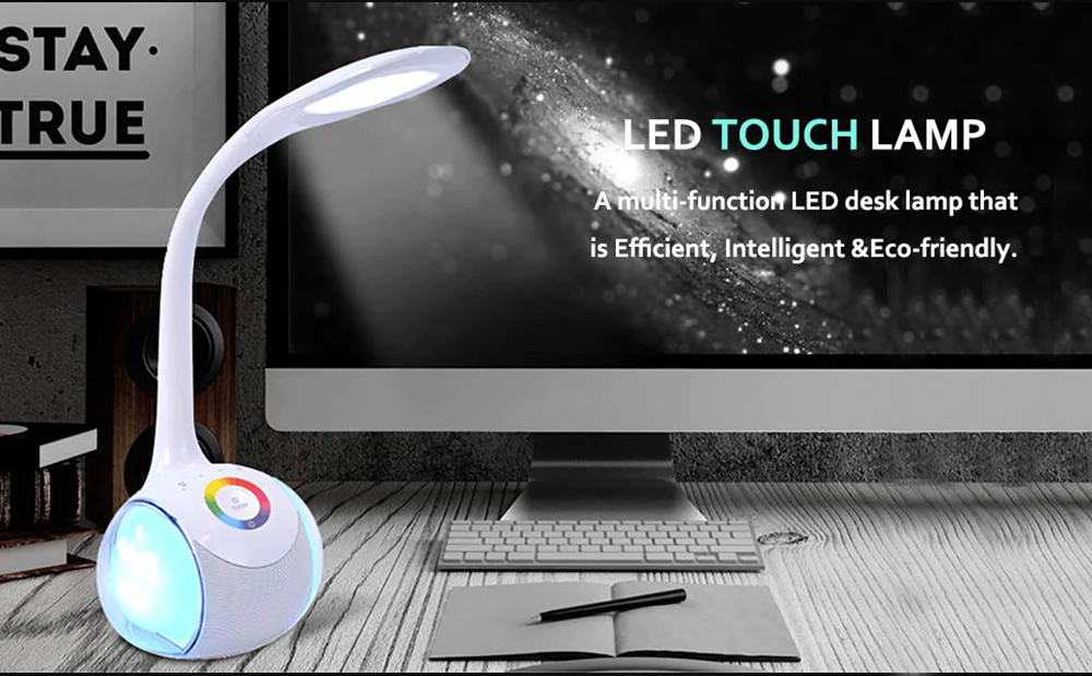 Επαναφορτιζόμενο Smart Φωτιστικό Αφής LED & Bluetooth Ηχείο με Εύκαμπτο Βραχίονα - Colour Control Speaker Table Lamp & Night Light 